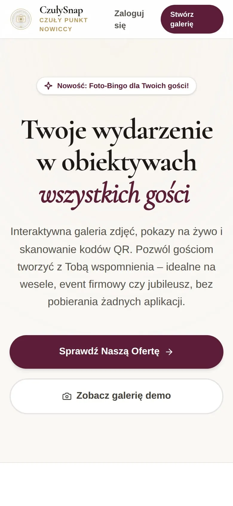 CzułySnap na telefonie — pierwszy ekran strony